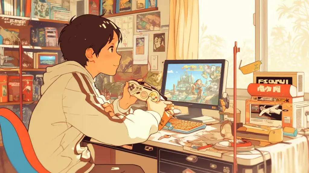 供の頃ファミコンに夢中→ゲーム好きな少年の回想イメージ