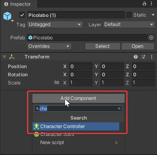 CharacterControllerをアタッチ