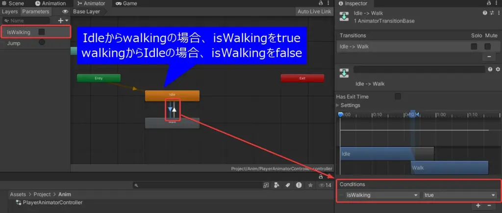 歩くアニメーションを設定している