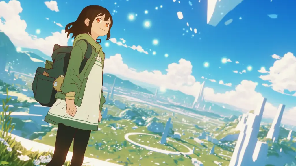 光の粒が舞う草原を背景に、希望に満ちた表情で未来を見つめる少女。Unityの学習を終えた達成感のイメージ。