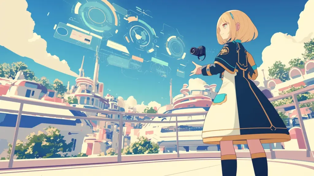 未来的なカメラUIを操作する少女のイラスト。UnityのCinemachineでキャラに追従するカメラを表現。