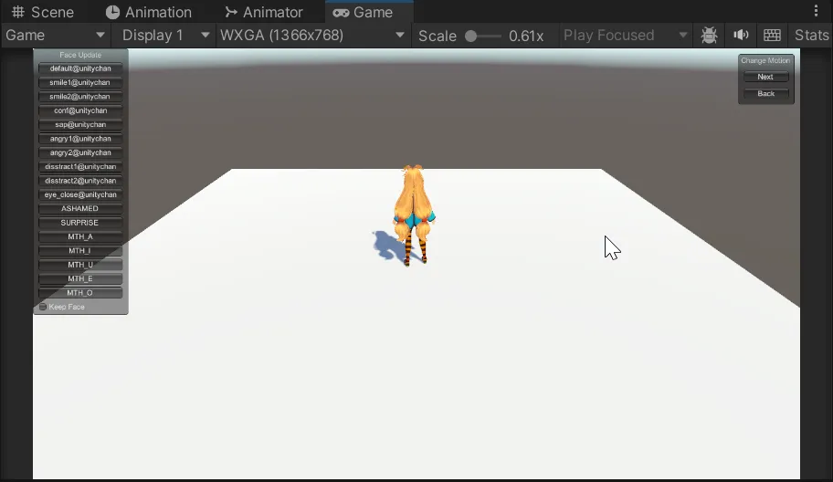 Unityちゃんの後ろからカメラが追従しているプレイ画面