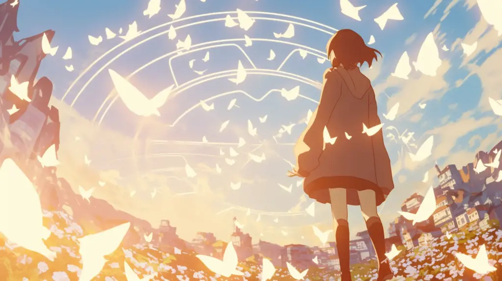 広がる空の下で視点を回転させるような演出に囲まれたキャラクター。自由視点カメラのイメージにぴったりのビジュアル