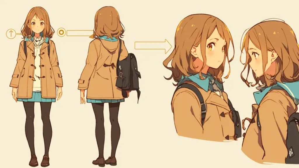 同じキャラクターが異なる角度から描かれた3体構図。視点の高さや回転中心の違いをイメージできる比較図。
