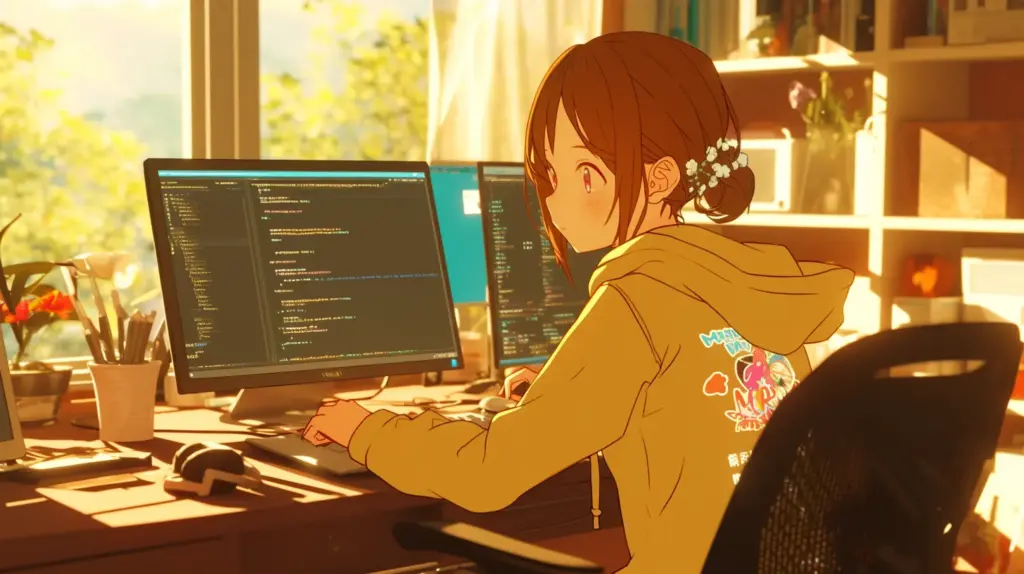 Unityのような開発環境でコードを入力しているキャラクターの後ろ姿。2画面のモニターにスクリプトが表示されている