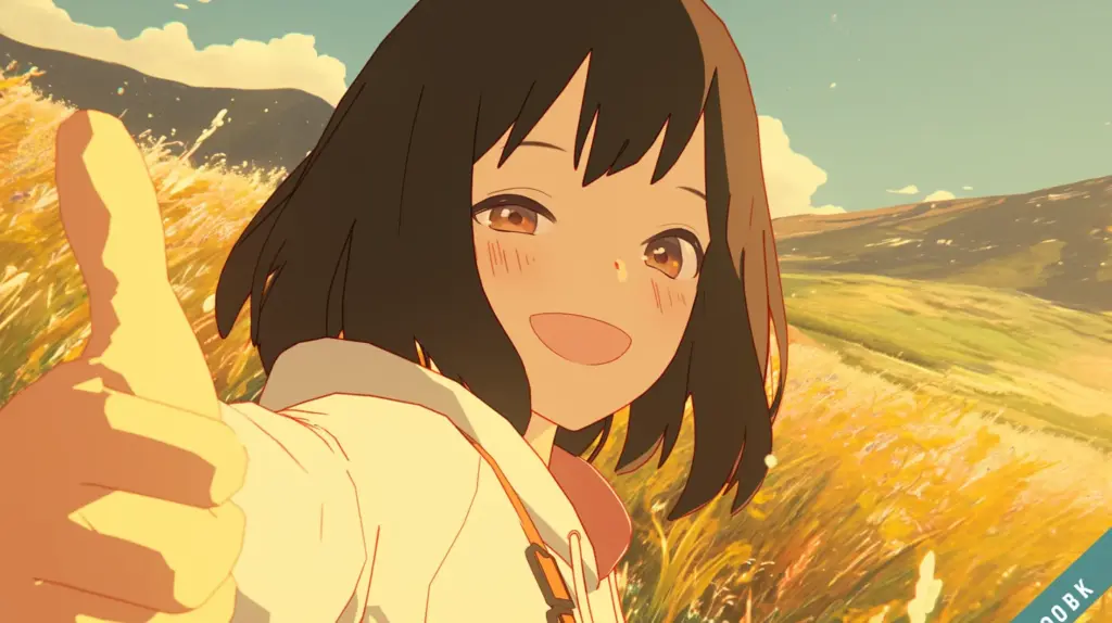 笑顔で親指を立てている女の子キャラクター。草原と青空を背景に達成感のあるポーズをとっているUnity学習のまとめ用イメージ