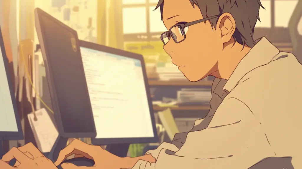 メガネをかけた若い日本人男性が、パソコン画面を見ながらノートに書き込みをしている。コードの改良に取り組む様子を描いたアニメ調イラスト。