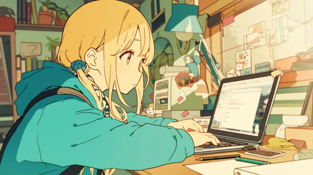 Unity Editorを開きながらノートパソコンで作業している金髪ツインテールの女の子。Unityちゃんをプロジェクトに導入しているシーンをイメージしたイラスト。