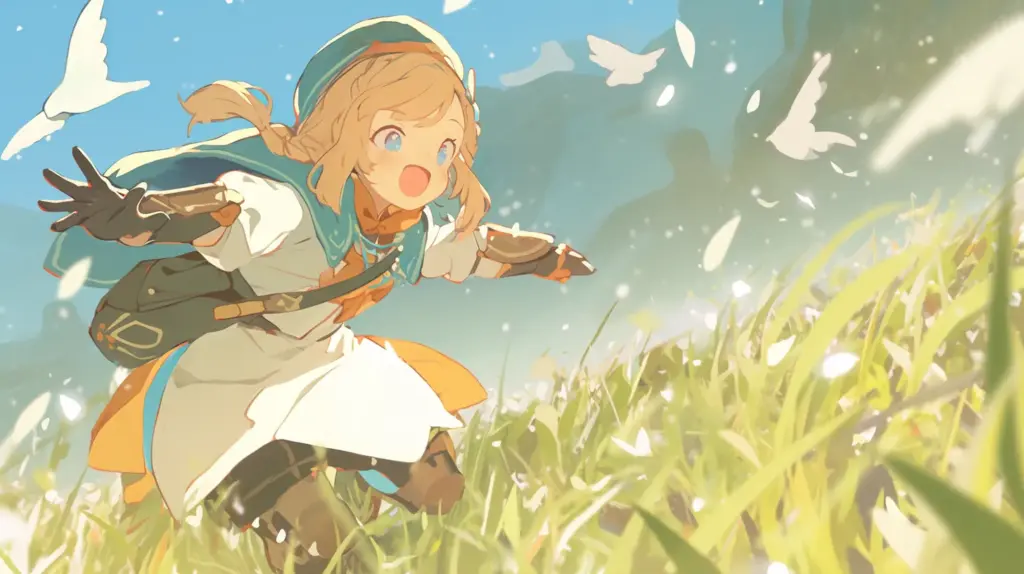 草原の中を笑顔でジャンプしながら駆け出す金髪ツインテールの女の子。Unityちゃんの移動とジャンプ操作を表現したイメージイラスト。