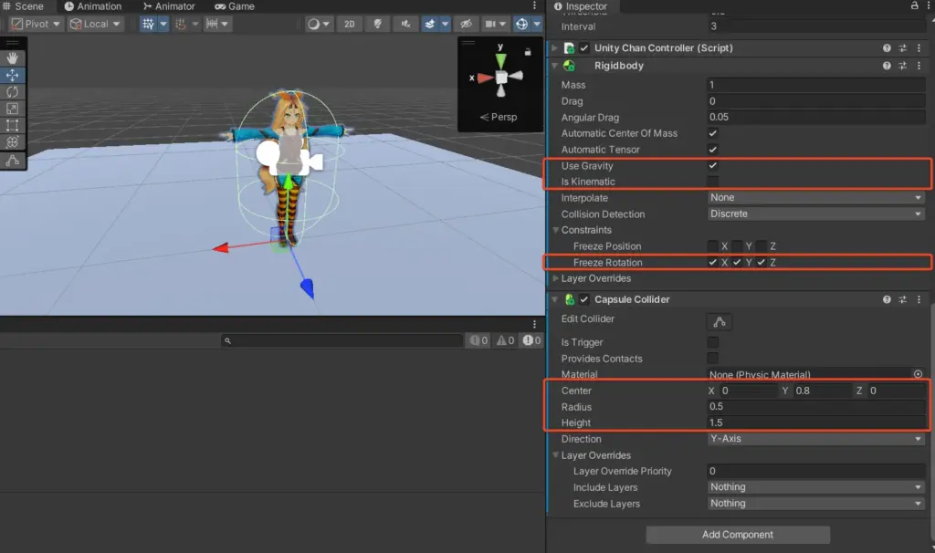 Rigidbody+Collider+Freeze設定を示すInspector画面