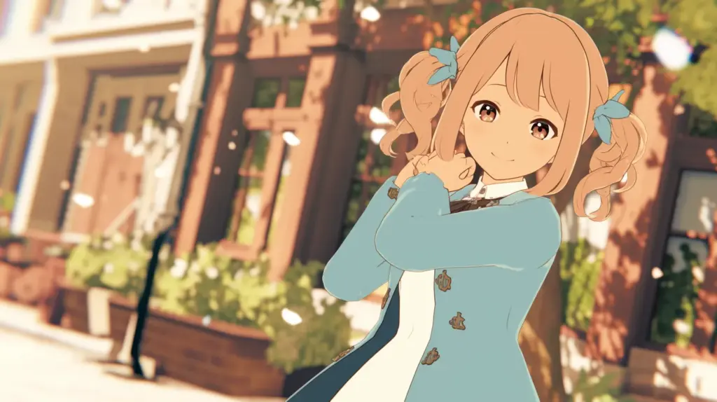 青い衣装のツインテールの女の子が屋外のシーンに立っているイラスト。Unityちゃんのプレハブをシーンに配置した様子をイメージ。
