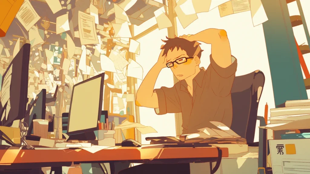 Unityでのゲーム開発に行き詰まり、PCの前で頭を抱えるプログラマーのイラスト