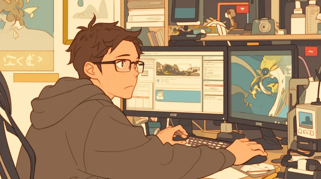 左画面でUnityのゲーム開発、右画面でFlutterのアプリ開発を並行して行う実験室のデスク