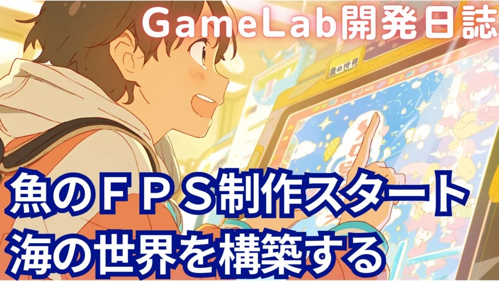 プログラマーが、巨大な透明カーブディスプレイに映る、鮮やかで可愛い「魚の世界」を指さして、ワクワクしている様子。