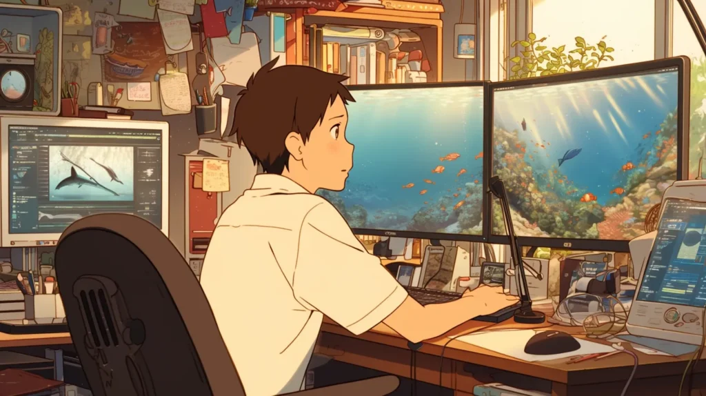 プログラマー（困惑顔）が、美しいアニメの海中シーンをデザインしている。
