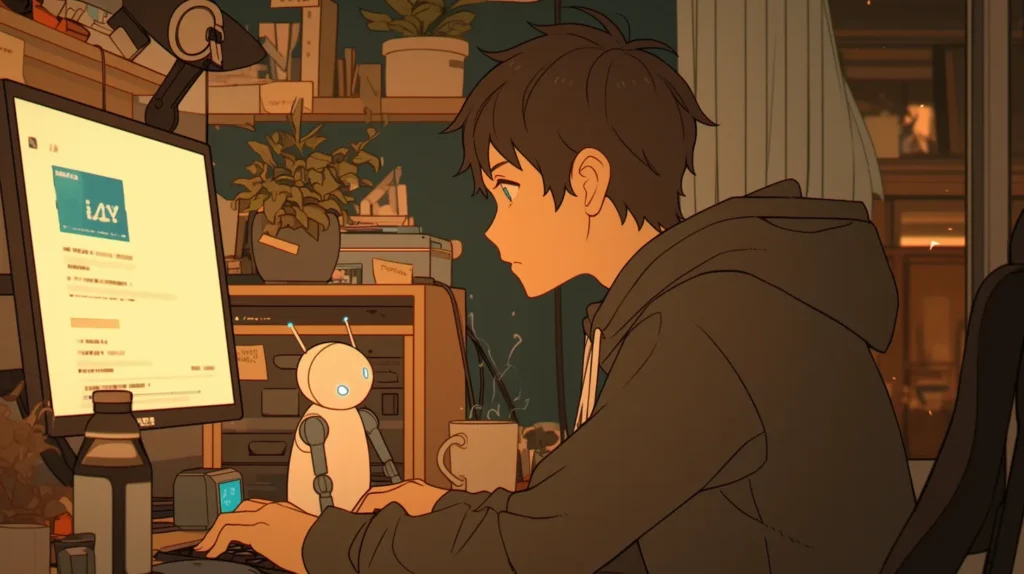 プログラマーがデスクに座り、キーボードに触れている。目の前のモニター上のC#コード(// 初期化処理のようなコメント)のすぐ横に、小さな、可愛らしい、光り輝くホログラフィックなAIロボット助手(IntelliCodeを象徴)が現れ、グレーの提案テキストを表示している