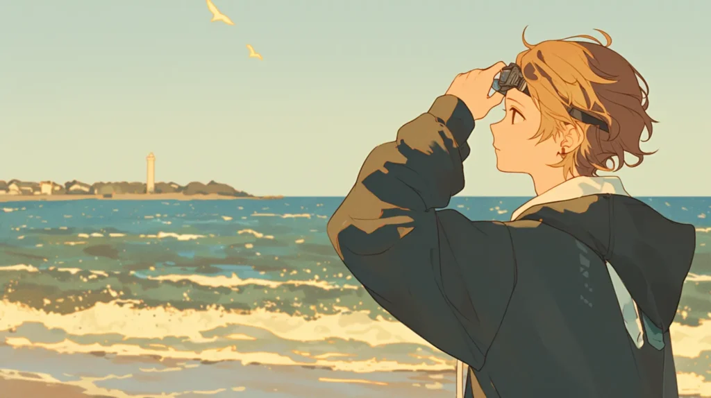 プログラマーの背中。彼は海に向かって立ち、VRゴーグル(ヘッドセット)を手に持っている。足元には小さな「SeaControl」オブジェクトを象徴する、小さな透明なキューブが浮かんでいる。海は静かで、これからの冒険を予感させる。