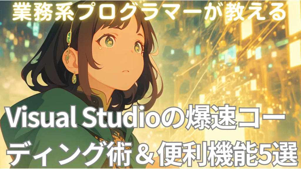 VSプログラマー(理系エンジニア)が、魔法のようなショートカットやAIを駆使して、爆速でコーディングをするという情景を表現した、アニメイラストスタイル