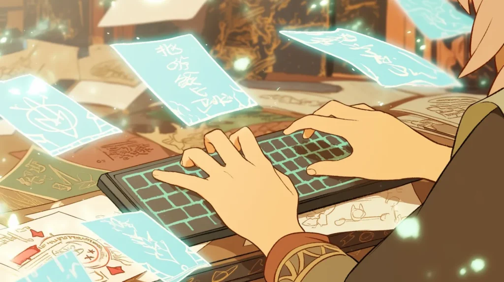 プログラマーの指先が、キーボード上の /// を押している。キーボードの上から、古代の魔法の巻物や、ホログラフィックな「説明書(Manual)」が展開し、<summary> タグなどのXMLコメントが自動生成されている。関数の上に関数の「説明書」がつくイメージ