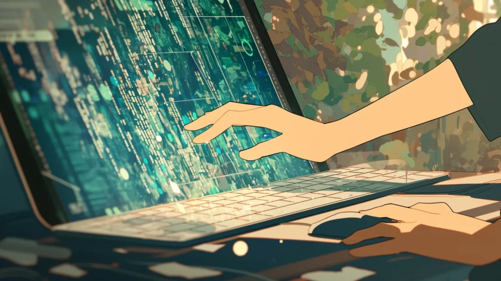 キーボード上の for キーや Tab キーを押した瞬間。モニターから、巨大で光り輝く、複雑なC#のコードブロック(ループ処理の枠組み)が、まるで召喚魔法のように一撃で出現し、画面を埋め尽くしている。