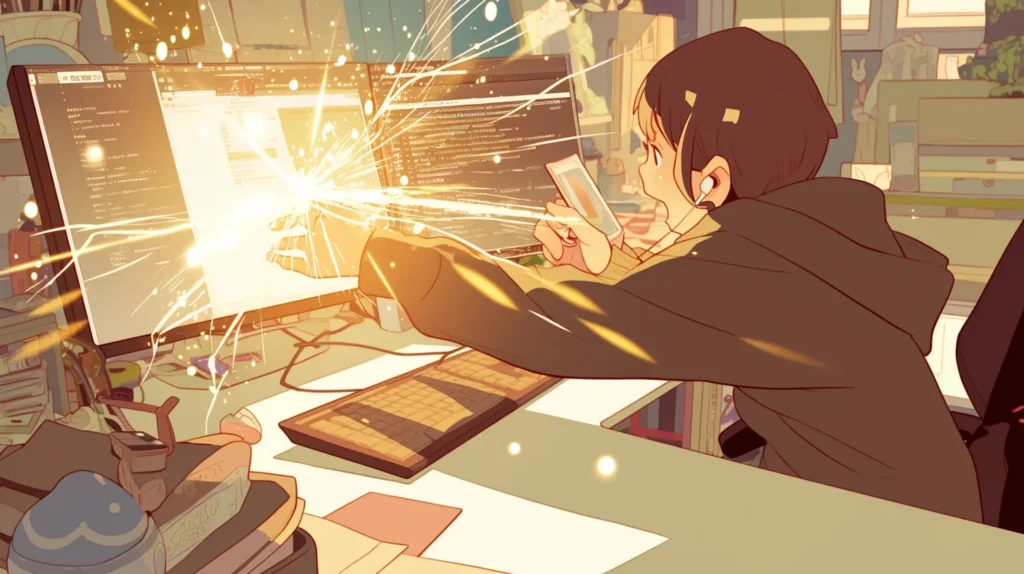 プログラマーの指がキーボード上の for キーや Tab キーを押した瞬間。モニターから、巨大で光り輝く、複雑なC#のコードブロック(ループ処理の枠組み)が、まるで召喚魔法のように一撃で出現し、画面を埋め尽くしている。