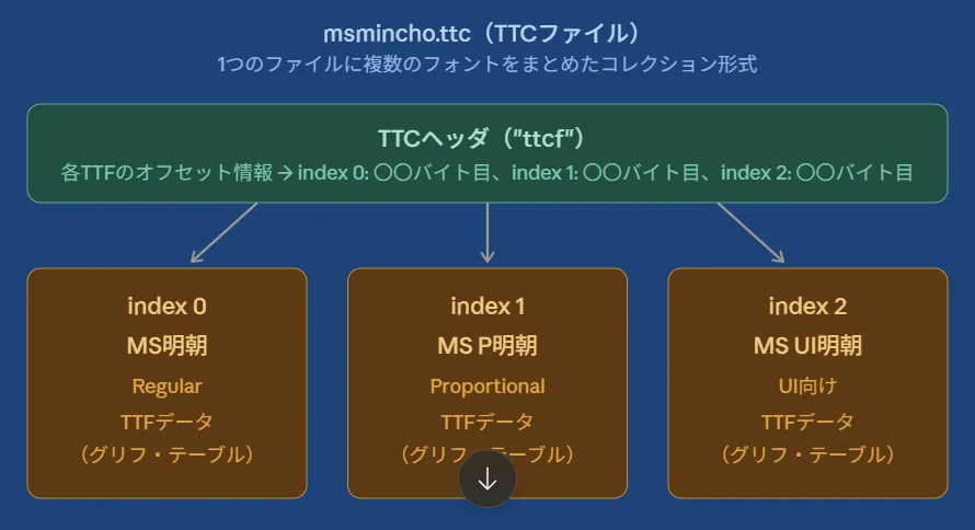 TTCの内部構造の図解のイメージ。ファイルの中に複数フォントが入っている様子