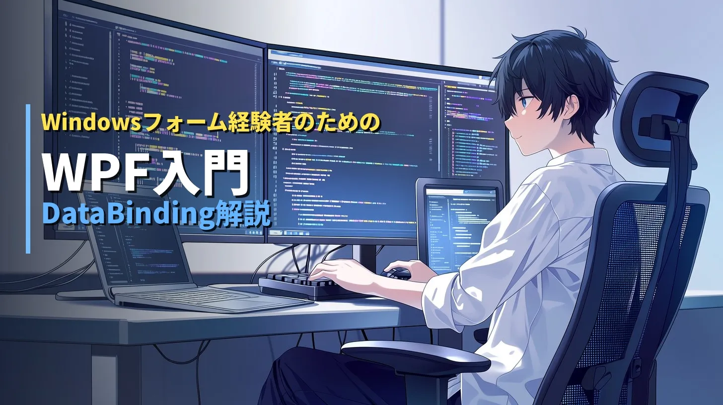 モニター2画面に向かって開発しているイメージ画像。WPF開発らしさをだしている