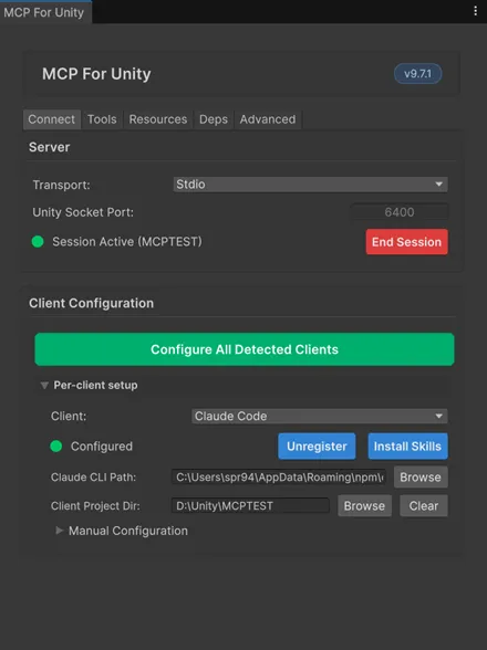 UnityのMCP for Unity設定パネル。Claude CodeがConfigured、サーバがSession Activeになっている状態