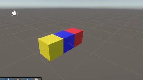 Claude Codeへの指示でUnityのシーンに生成された赤・青・黄の3つのキューブ
